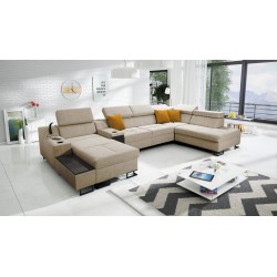 U-förmiges Ecksofa Avanti V mit Schlaffunktion, Lampe mit USB-Anschluss und Veloursstoff, Whisper 3