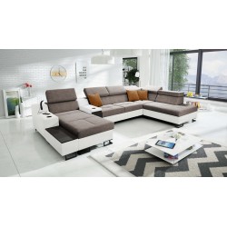 U-förmiges Sofa Avanti V mit Schlaffunktion, Lampe mit USB-Anschluss und Veloursstoff, Whisper 5 + Kunstleder
