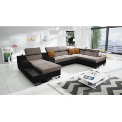 U-förmiges Ecksofa Avanti V mit Schlaffunktion, Lampe mit USB-Anschluss und Veloursstoff, Whisper 5 + schwarzes Kunstleder