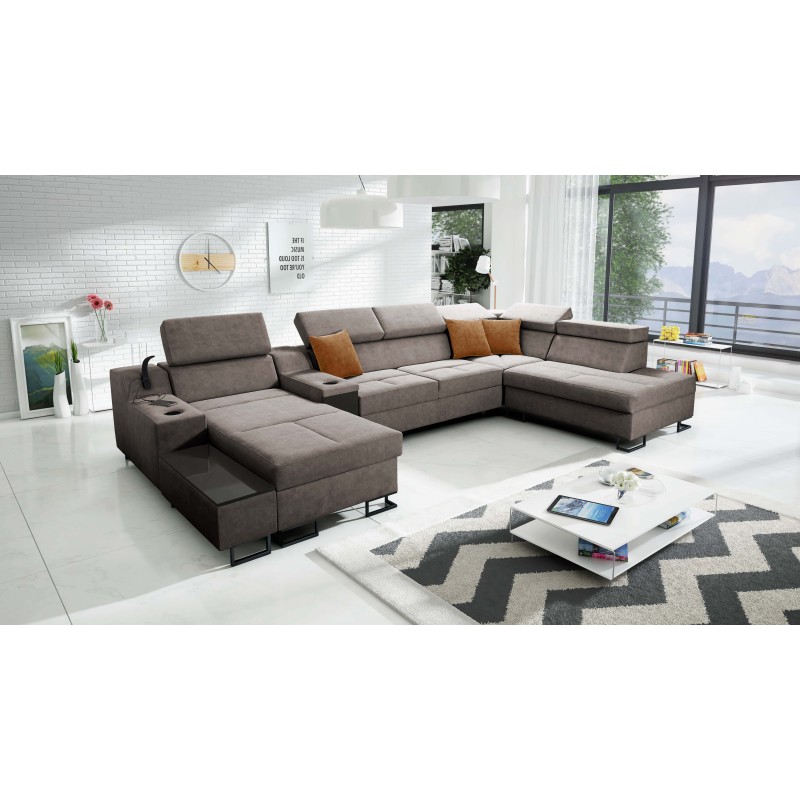 U-förmiges Ecksofa Avanti V mit Schlaffunktion, Lampe mit USB-Anschluss und Samtstoff, Whisper 5