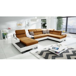 U-förmiges Ecksofa Avanti V mit Schlaffunktion, Lampe mit USB-Anschluss und Samtstoff, Whisper 9 + Kunstleder