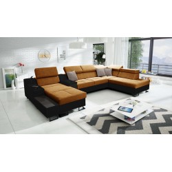 U-förmiges Sofa Avanti V mit Schlaffunktion, Lampe mit USB-Anschluss und Veloursstoff, Whisper 9 + schwarzes Kunstleder
