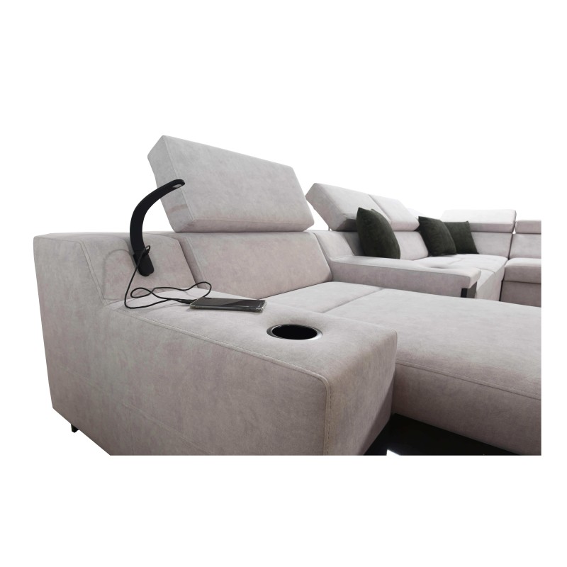Sofá en forma de U Avanti V con función de cama, lámpara con puerto USB y tela de terciopelo, Whisper 9 + ecopiel negra. Sofá en forma de U Avanti V con función de cama, lámpara con puerto USB y tela de terciopelo, Whisper 9 + ecopiel negra.