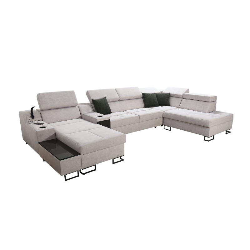 Sofá en forma de U Avanti V con función de cama, lámpara con puerto USB y tela de terciopelo, Whisper 9 + ecopiel negra. Sofá en forma de U Avanti V con función de cama, lámpara con puerto USB y tela de terciopelo, Whisper 9 + ecopiel negra.