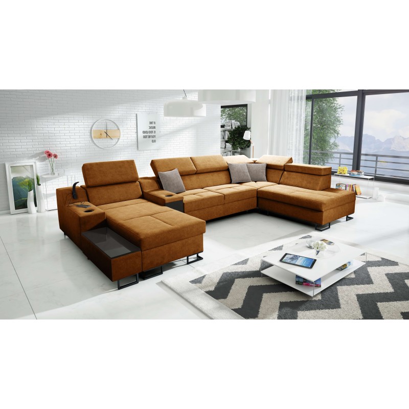 U-shaped sectional sofa Avanti V with a sleeping function, lamp with USB port, and Velvet fabric, Whisper 9