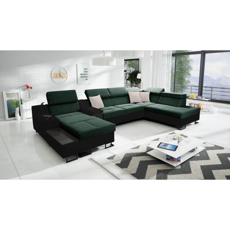 The Avanti V U-shaped corner sofa with a sleeping function, lamp with USB port, and fabric in Velvet, Whisper 11 + Black Eco-lea