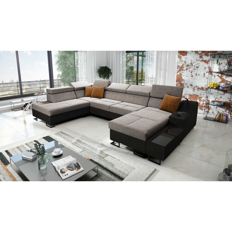 Luxury U-Shaped Corner Sofa Avanti VI with Sleeping Function - Velvet, Whisper 5 + Black Eco-leather