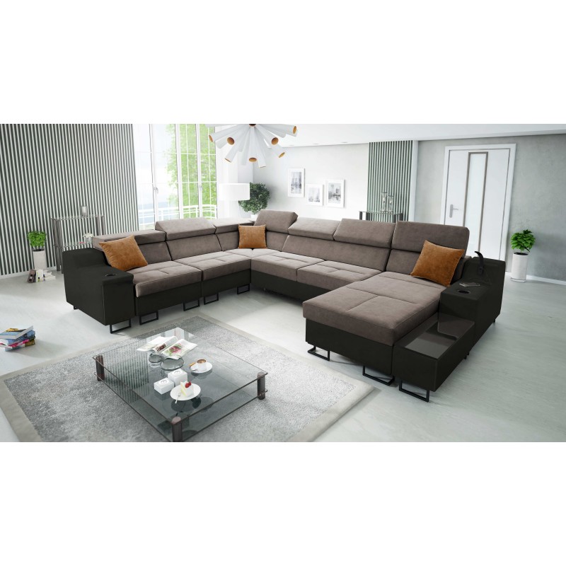 Ecksofa U Avanti VIII mit Schlaffunktion und USB-Lampe - Samt, Whisper 5 + schwarzes Kunstleder - Überprüfen Sie es!