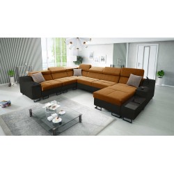 Ecksofa U Avanti VIII mit Schlaffunktion und USB-Lampe - Samt, Whisper 9 + Schwarzes Öko-Leder - Überprüfen Sie!