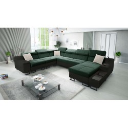 Ecksofa U Avanti VIII mit Schlaffunktion und USB-Lampe - Samt, Whisper 11 + schwarzes Ökoleder - Überprüfen!