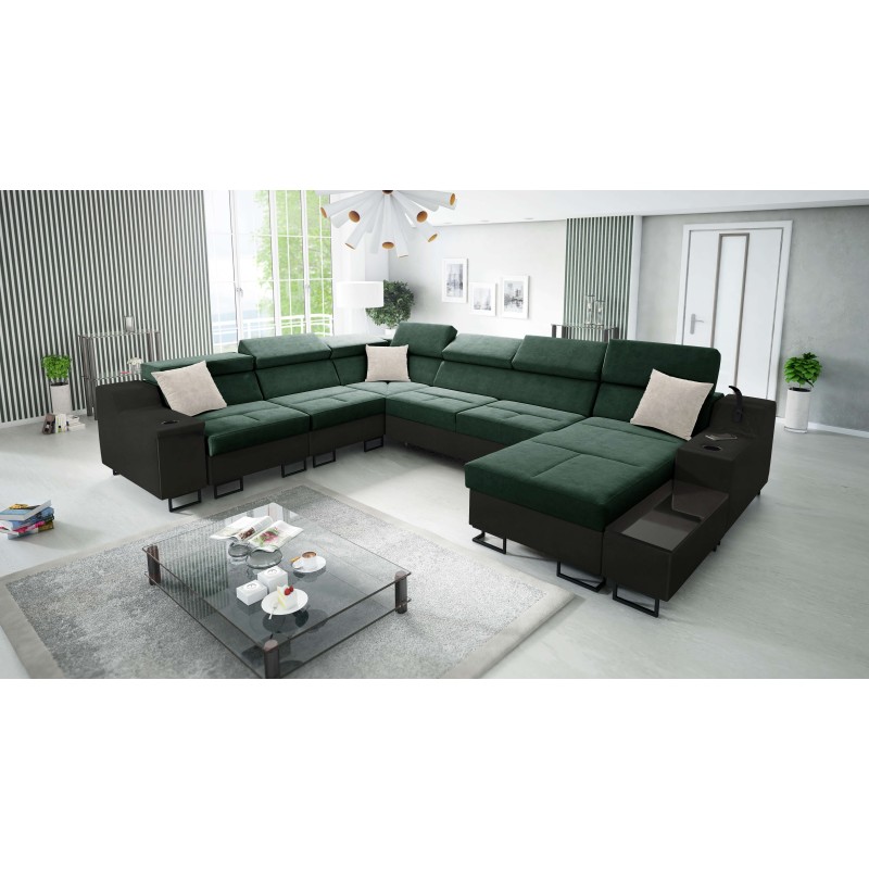 Corner Sofa U Avanti VIII with Sleeping Function and USB Lamp - Velvet, Whisper 11 + Black Eco-Leather - Check it out!