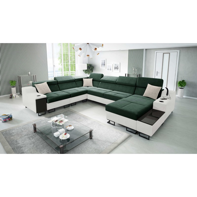 Sofá esquinero en forma de U Avanti VIII con función de cama y lámpara con USB - Terciopelo, Whisper 11 + Ecopiel - ¡Compruébalo