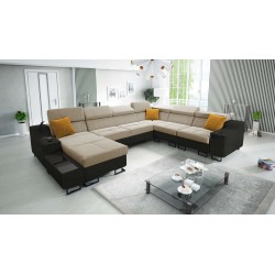 Ecksofa U Avanti VIII mit Schlaffunktion und USB-Lampe - Velours, Whisper 3 + schwarzes Ökoleder - Überprüfen Sie es!