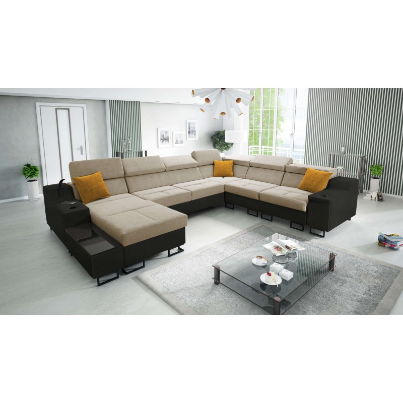 Sofá esquinero en forma de U Avanti VIII con función de cama y lámpara con USB - Terciopelo, Whisper 3 + Cuero ecológico negro - Sofá esquinero en forma de U Avanti VIII con función de cama y lámpara con USB - Terciopelo, Whisper 3 + Cuero ecológico negro -