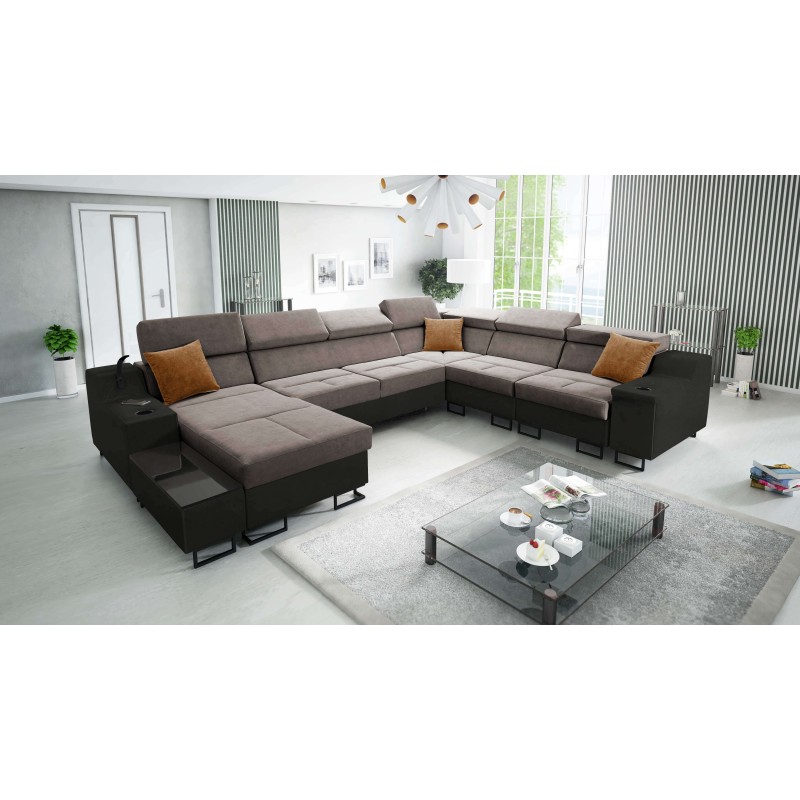 Sofá esquinero en forma de U Avanti VIII con función de cama y lámpara con USB - Terciopelo, Whisper 5 + Eco-cuero negro - ¡Comp Sofá esquinero en forma de U Avanti VIII con función de cama y lámpara con USB - Terciopelo, Whisper 5 + Eco-cuero negro - ¡Comp