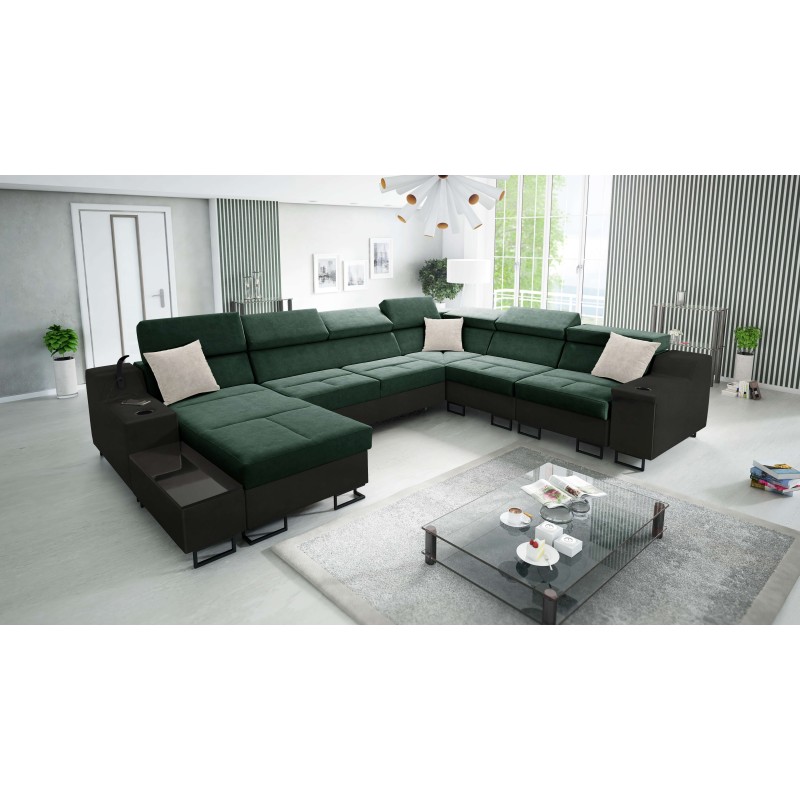 Sofá esquinero en forma de U Avanti VIII con función de cama y lámpara con USB - Terciopelo, Whisper 11 + Ecopiel negra - ¡Compr Sofá esquinero en forma de U Avanti VIII con función de cama y lámpara con USB - Terciopelo, Whisper 11 + Ecopiel negra - ¡Compr