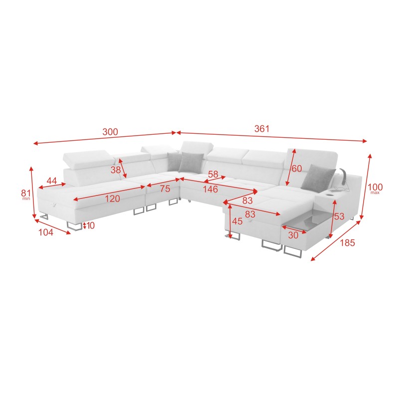 U-förmiges Sofa Avanti X mit Schlaffunktion und USB-Lampe | Velours, Whisper 3 + Ökoleder U-förmiges Sofa Avanti X mit Schlaffunktion und USB-Lampe | Velours, Whisper 3 + Ökoleder