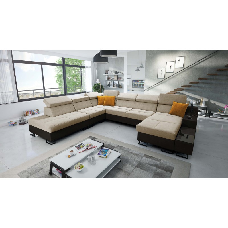 U-förmiges Ecksofa Avanti X mit Schlaffunktion und USB-Lampe | Samt, Whisper 3 + schwarzes Kunstleder