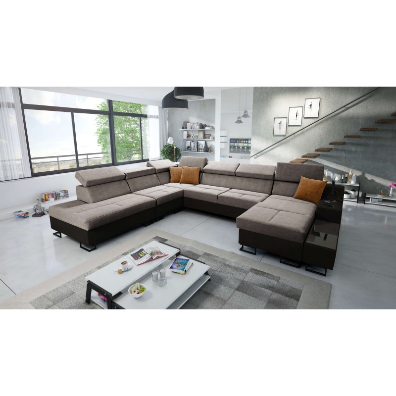 Sofá en forma de U Avanti X con función de cama y lámpara USB | Terciopelo, Whisper 5 + Ecocuero negro