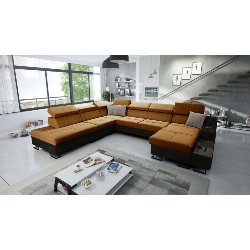 U-förmiges Ecksofa Avanti X mit Schlaffunktion und USB-Lampe | Velours, Whisper 9 + schwarzes Kunstleder