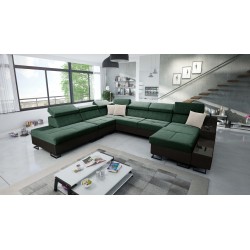 U-förmiges Sofa Avanti X mit Schlaffunktion und USB-Lampe | Samt, Whisper 11 + Schwarzes Kunstleder