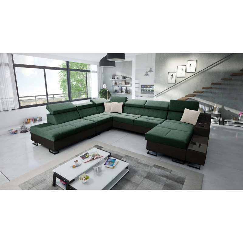 U-förmiges Sofa Avanti X mit Schlaffunktion und USB-Lampe | Samt, Whisper 11 + Schwarzes Kunstleder